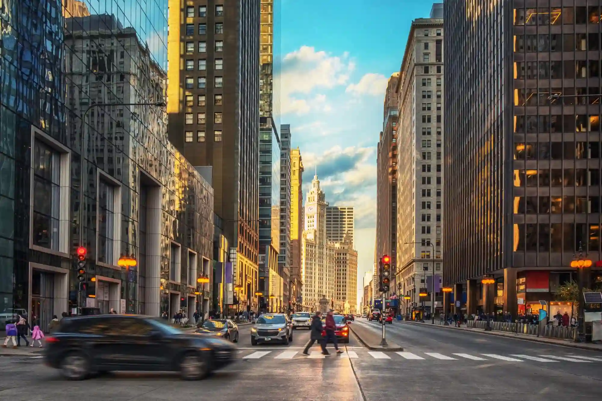 View of a busy street in the Financial District of Chicago.