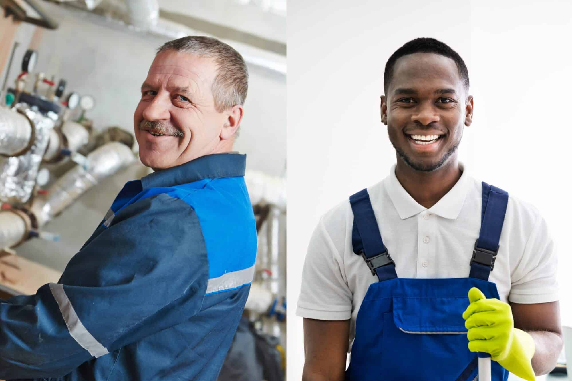 Two men smiling while engaged in maintenance work of fixing a pipe and floor cleaning.