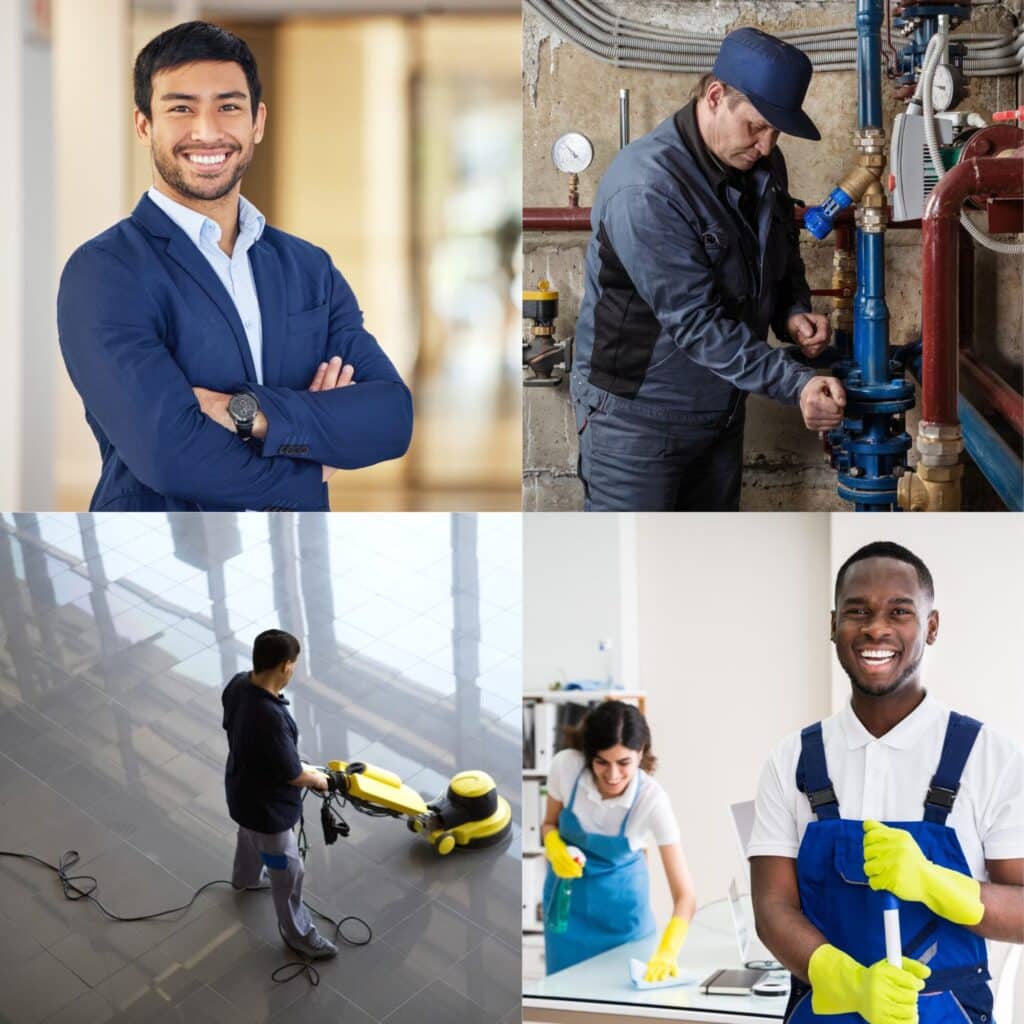 men cleaning, fixing a pipe, mopping floor and one in a blue suit, smiling.