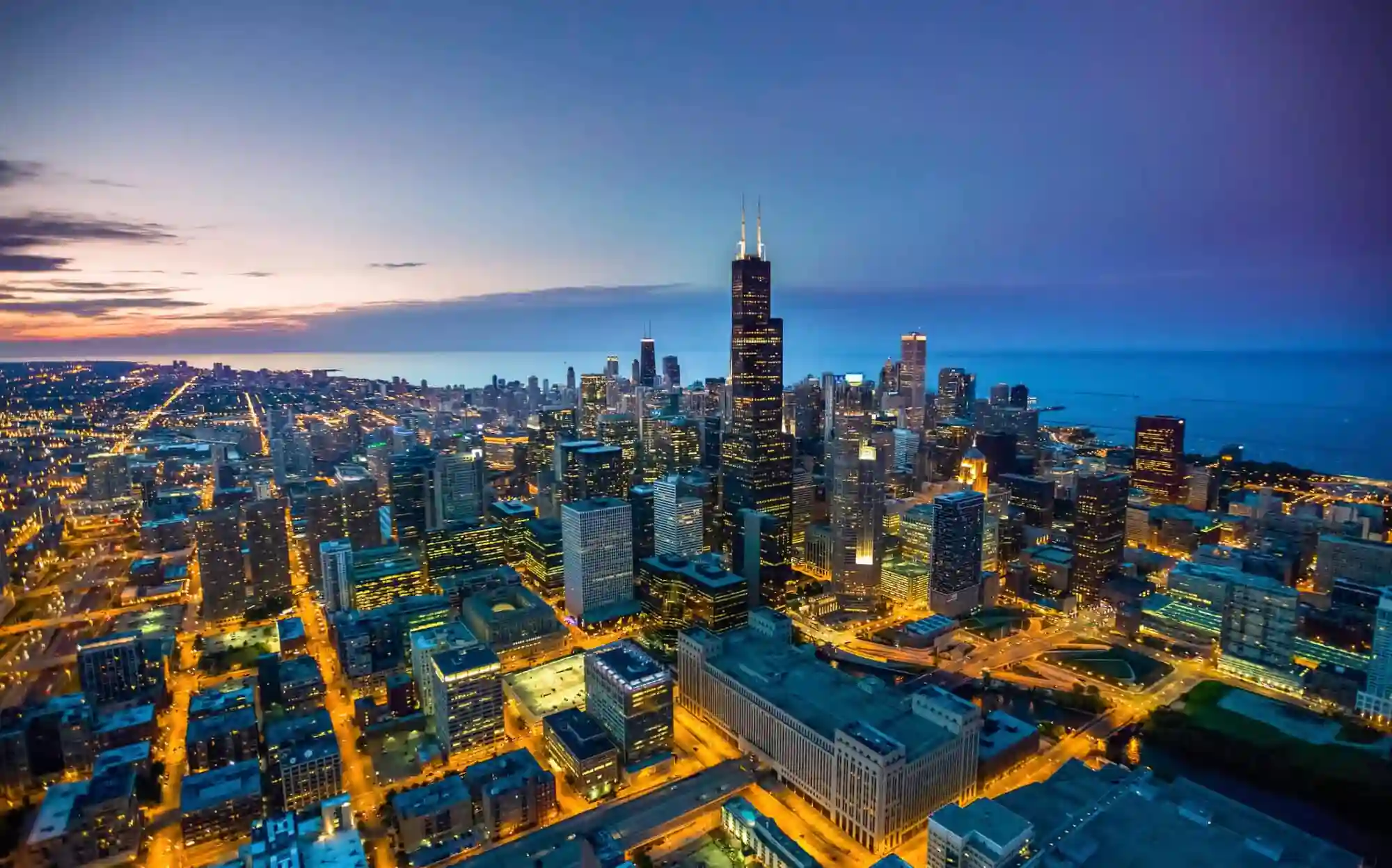 Overhead view of Chicago skyline at night.