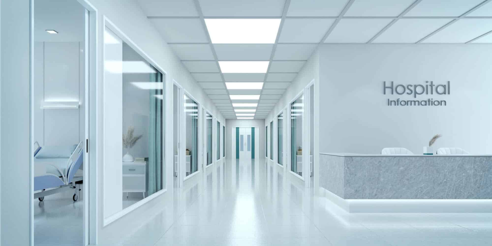 Hospital hall that leads to reception desk
